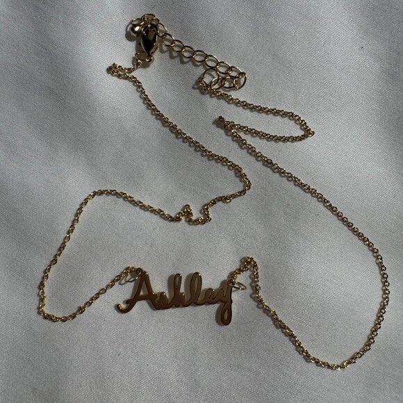 NWOT MonogramHub Script Name Necklace "Ashley" 14k Gold Plated, 18" Link Chain - Picture 1 of 16